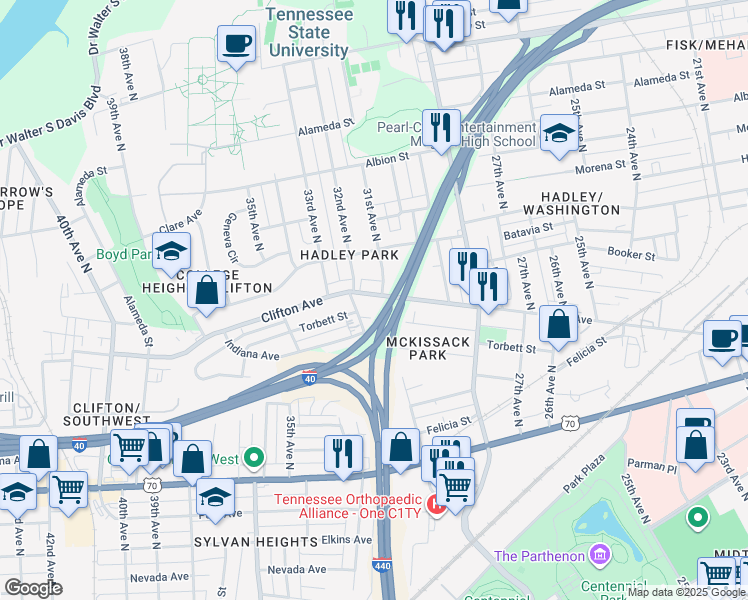 map of restaurants, bars, coffee shops, grocery stores, and more near 2905 Clifton Avenue in Nashville