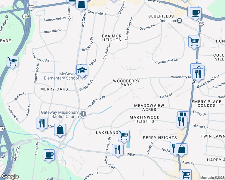 map of restaurants, bars, coffee shops, grocery stores, and more near 2534 Woodberry Drive in Nashville