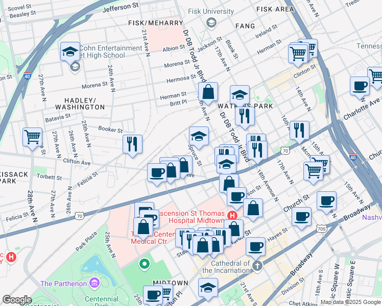 map of restaurants, bars, coffee shops, grocery stores, and more near 6A 20th Avenue North in Nashville