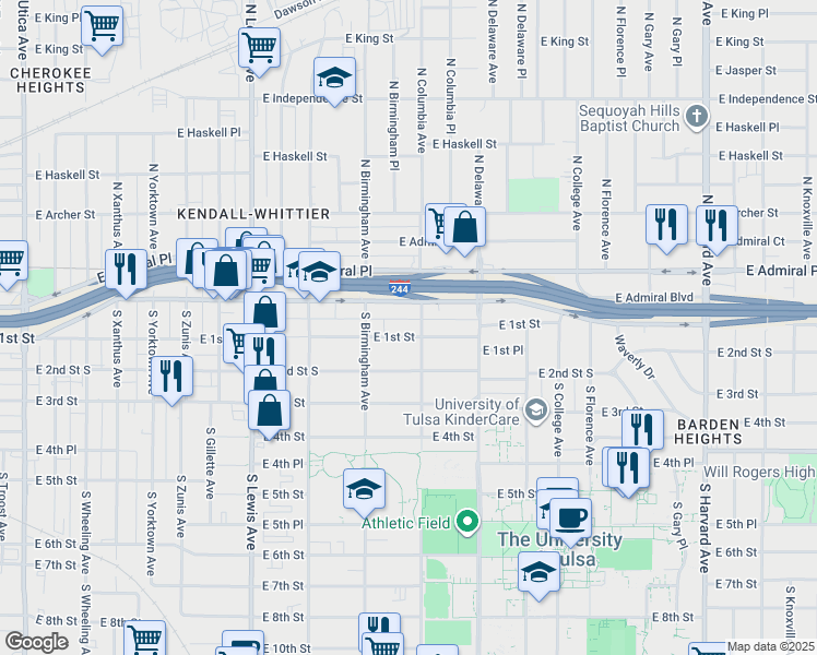 map of restaurants, bars, coffee shops, grocery stores, and more near 2639 East 1st Street in Tulsa