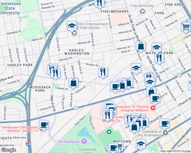 map of restaurants, bars, coffee shops, grocery stores, and more near 2323 Merry Street in Nashville
