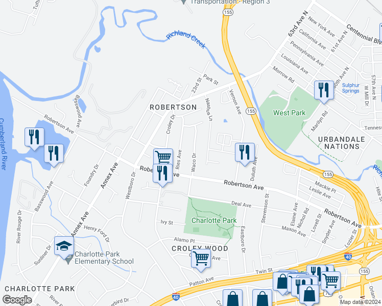 map of restaurants, bars, coffee shops, grocery stores, and more near 619 Waco Drive in Nashville