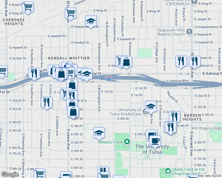 map of restaurants, bars, coffee shops, grocery stores, and more near 2639 East 1st Street in Tulsa