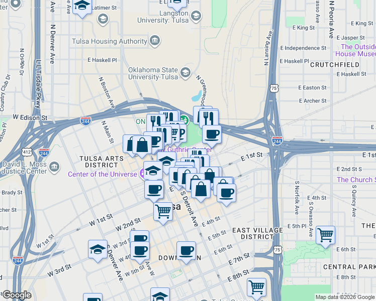 map of restaurants, bars, coffee shops, grocery stores, and more near 110 North Elgin Avenue in Tulsa