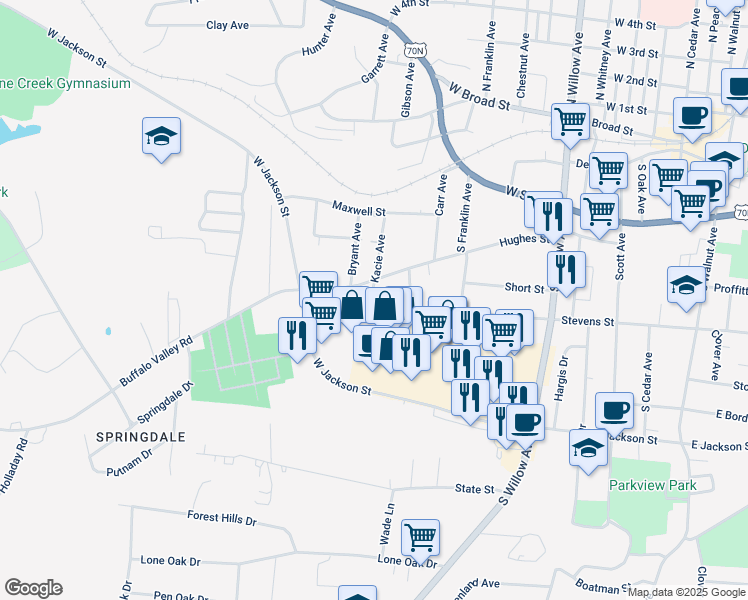 map of restaurants, bars, coffee shops, grocery stores, and more near 541 West Stevens Street in Cookeville