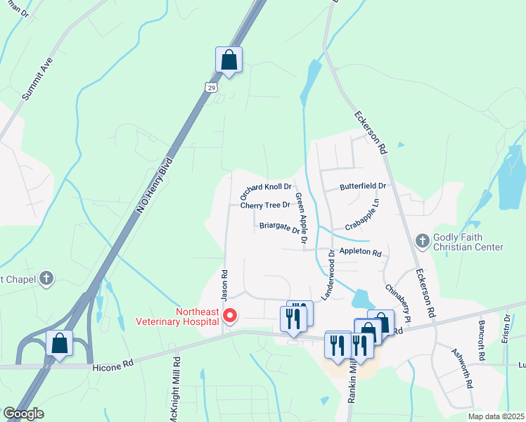 map of restaurants, bars, coffee shops, grocery stores, and more near 3984 Cherry Tree Drive in Greensboro