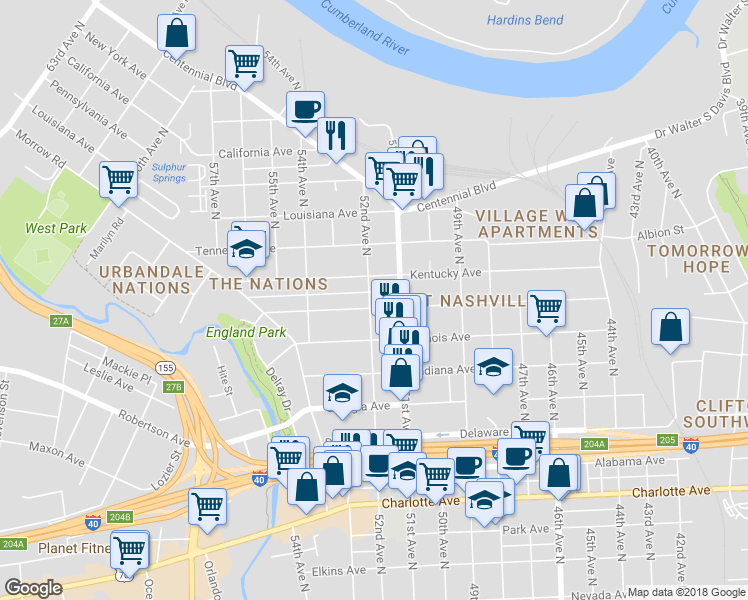 map of restaurants, bars, coffee shops, grocery stores, and more near 5112 Michigan Avenue in Nashville