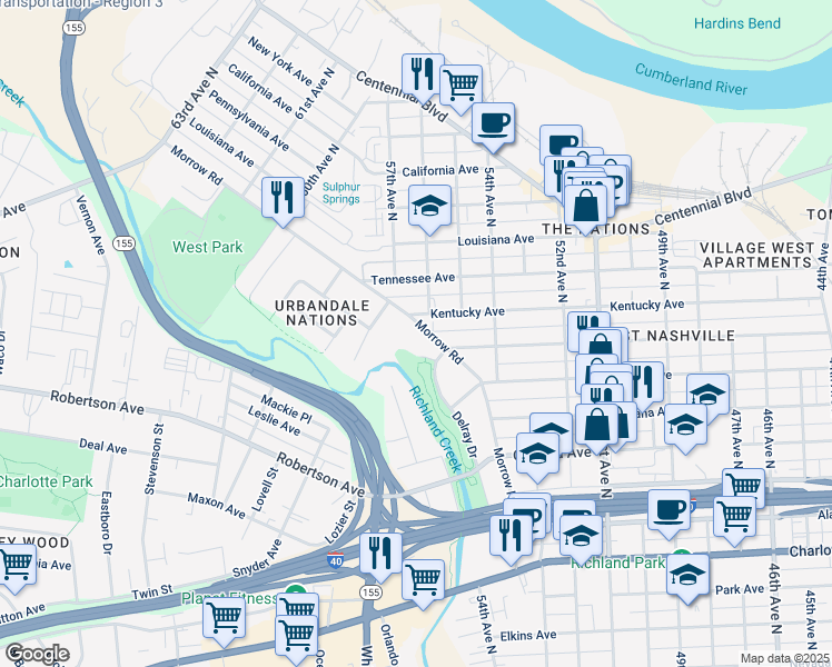 map of restaurants, bars, coffee shops, grocery stores, and more near 5603 Morrow Road in Nashville