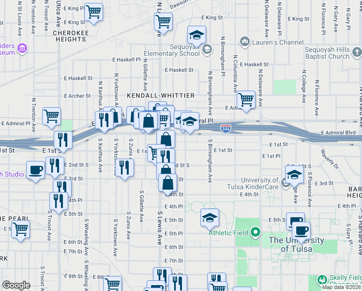 map of restaurants, bars, coffee shops, grocery stores, and more near 2443 East 1st Street in Tulsa