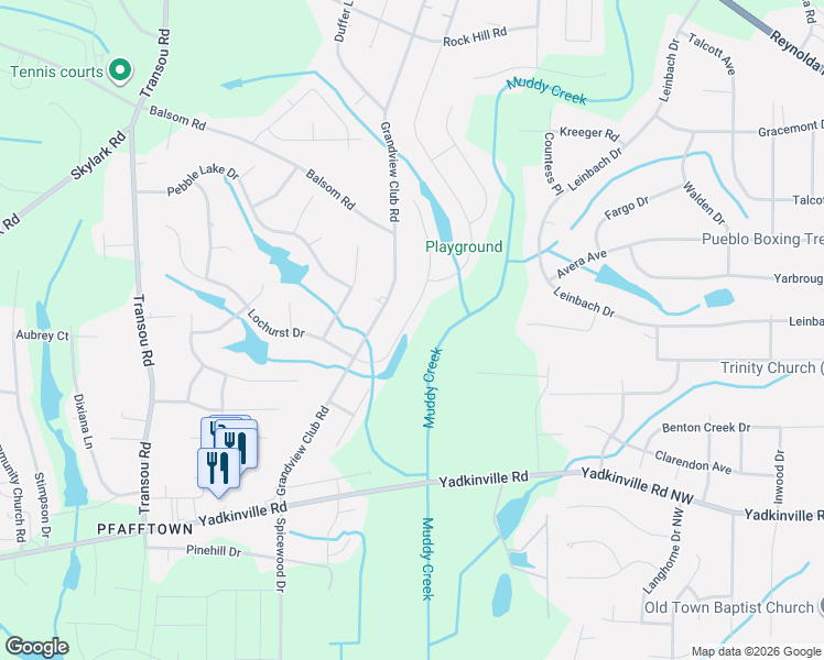 map of restaurants, bars, coffee shops, grocery stores, and more near 4354 Lochurst Drive in Pfafftown