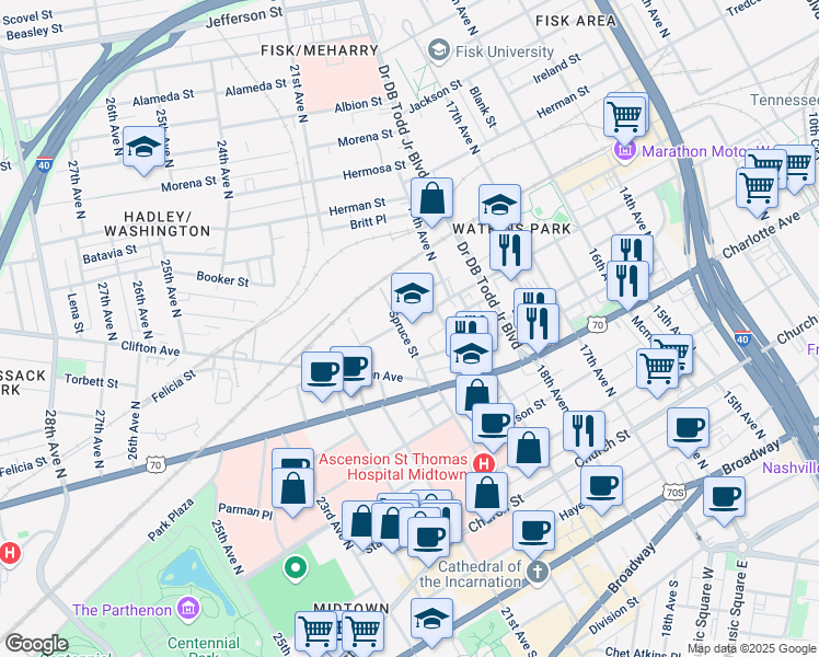 map of restaurants, bars, coffee shops, grocery stores, and more near 6A 20th Avenue North in Nashville