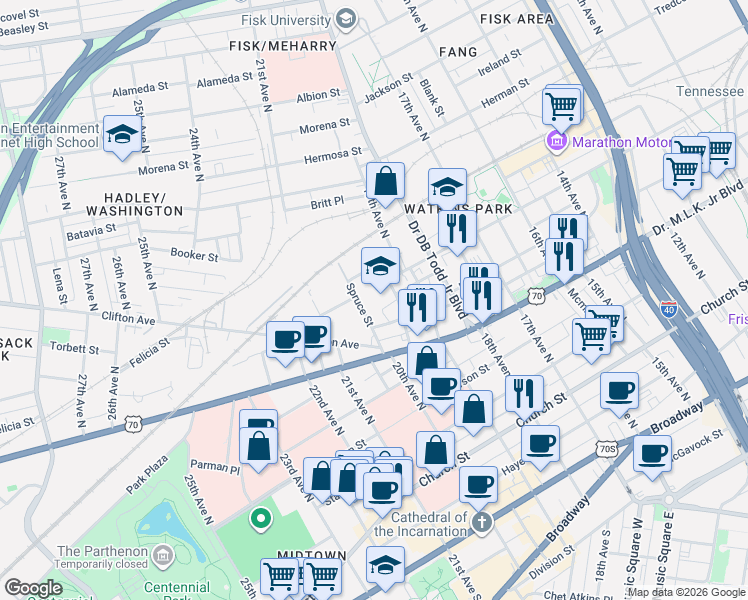 map of restaurants, bars, coffee shops, grocery stores, and more near 640 21st Avenue North in Nashville