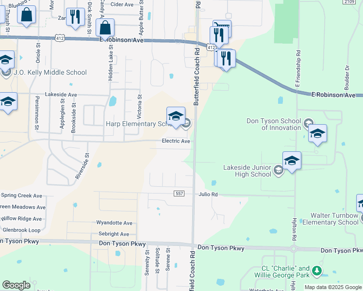 map of restaurants, bars, coffee shops, grocery stores, and more near 3156 Coachlite Lane in Springdale