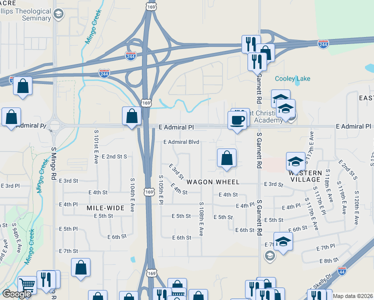 map of restaurants, bars, coffee shops, grocery stores, and more near 133 East 1st Street in Tulsa