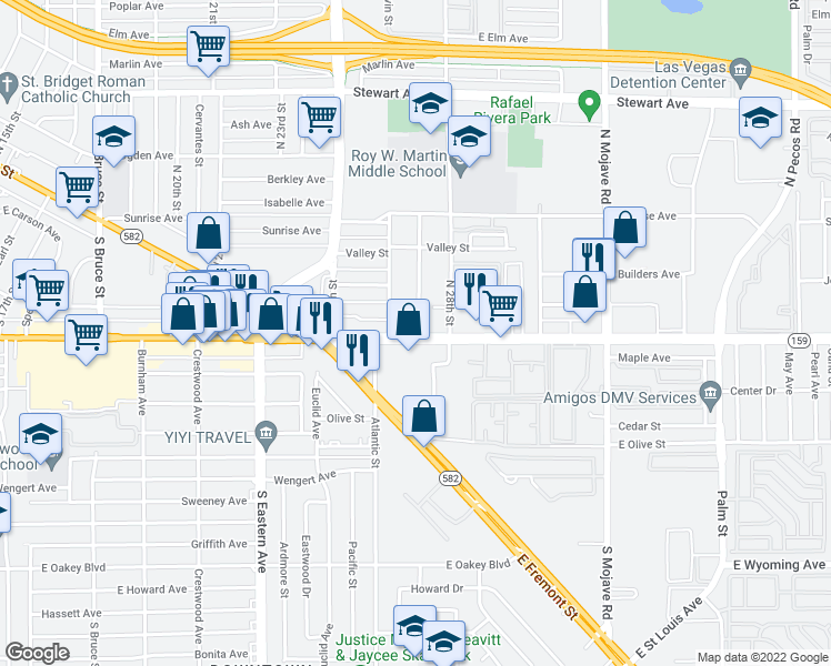 map of restaurants, bars, coffee shops, grocery stores, and more near 2616 East Charleston Boulevard in Las Vegas