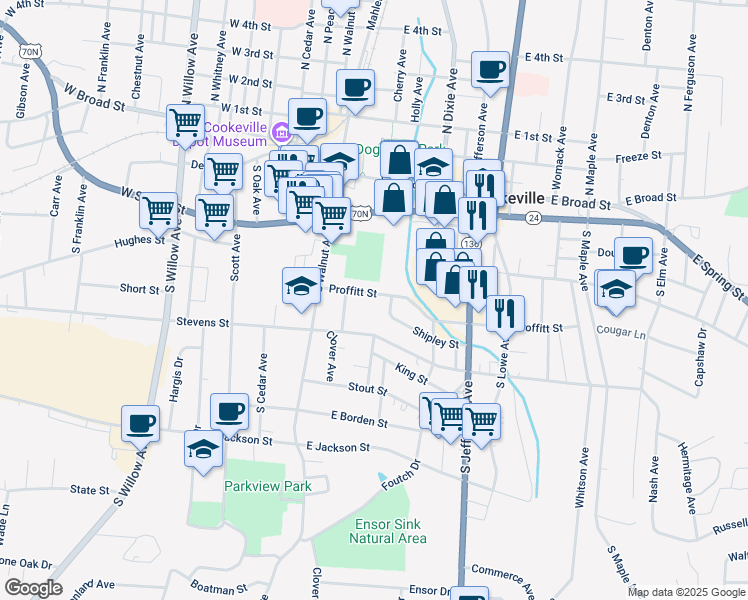 map of restaurants, bars, coffee shops, grocery stores, and more near 103 Proffitt Street in Cookeville