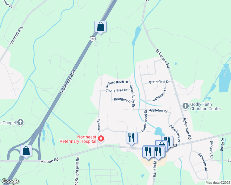 map of restaurants, bars, coffee shops, grocery stores, and more near 3984 Cherry Tree Drive in Greensboro