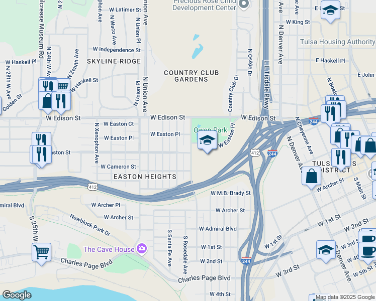 map of restaurants, bars, coffee shops, grocery stores, and more near 504 N Quanah Ave in Tulsa
