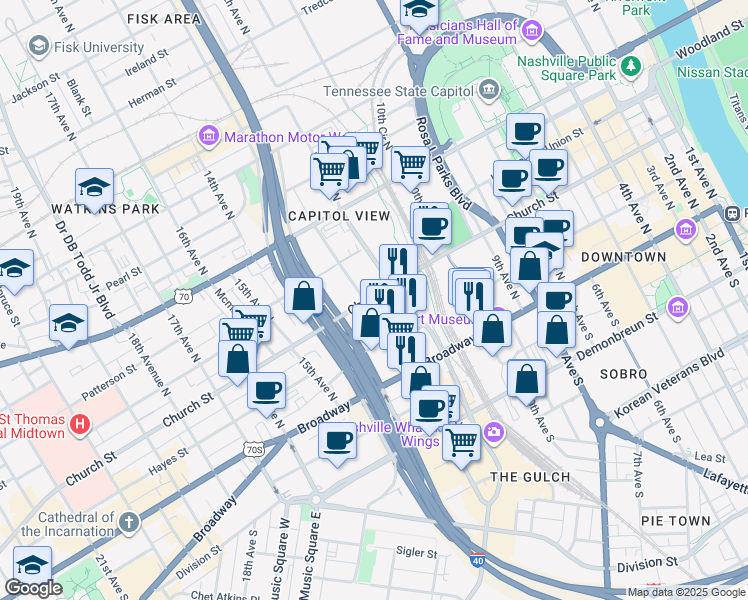 map of restaurants, bars, coffee shops, grocery stores, and more near 1111 Church Street in Nashville