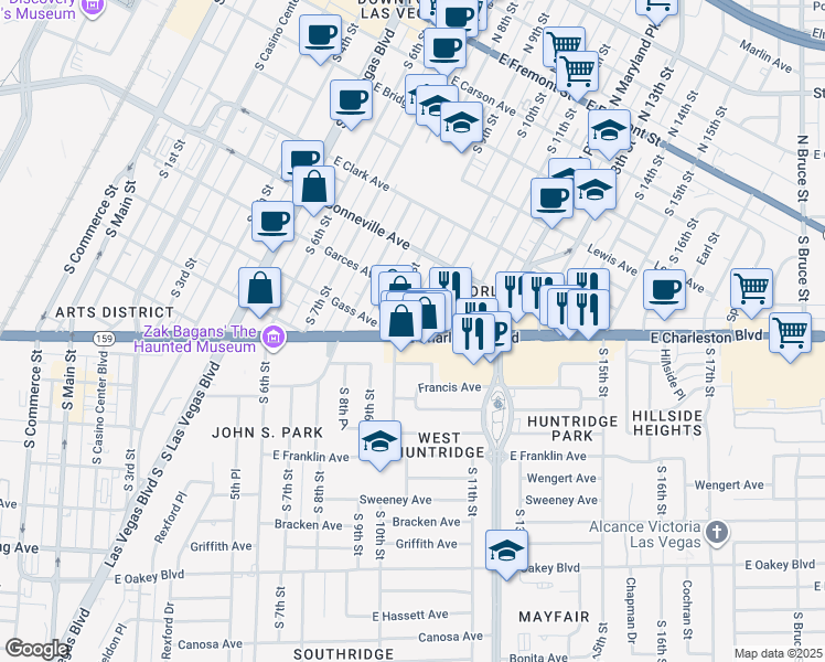 map of restaurants, bars, coffee shops, grocery stores, and more near 923 East Charleston Boulevard in Las Vegas