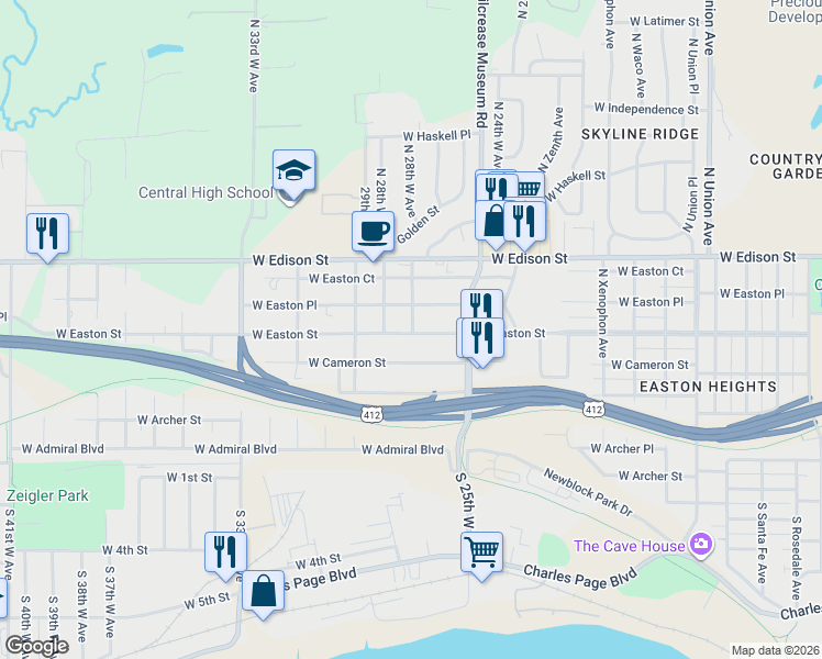map of restaurants, bars, coffee shops, grocery stores, and more near 500 North 27th West Avenue in Tulsa