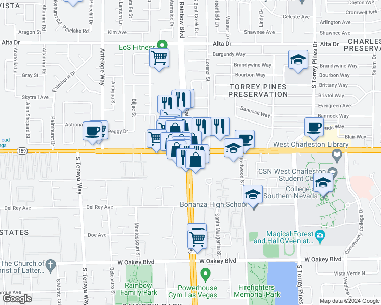 map of restaurants, bars, coffee shops, grocery stores, and more near 6799 West Charleston Boulevard in Las Vegas