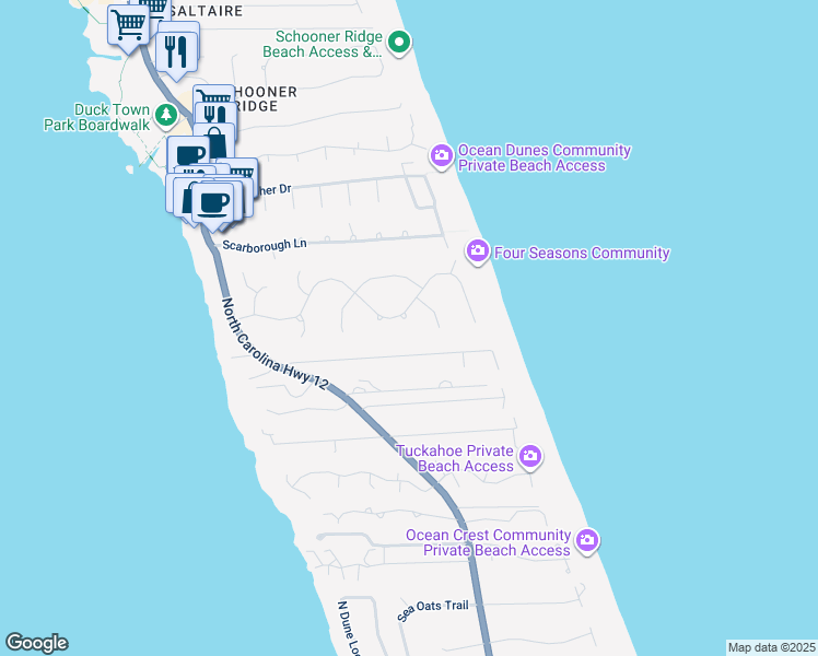 map of restaurants, bars, coffee shops, grocery stores, and more near 149 Four Seasons Lane in Kitty Hawk