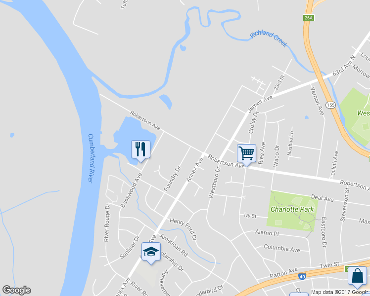 map of restaurants, bars, coffee shops, grocery stores, and more near 6513 Robertson Avenue in Nashville