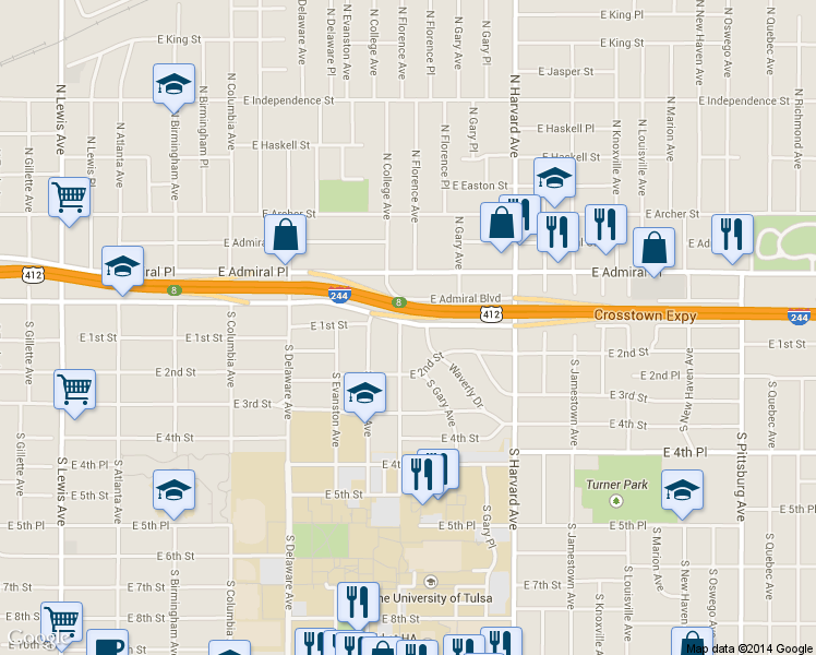 map of restaurants, bars, coffee shops, grocery stores, and more near 25 South Florence Avenue in Tulsa