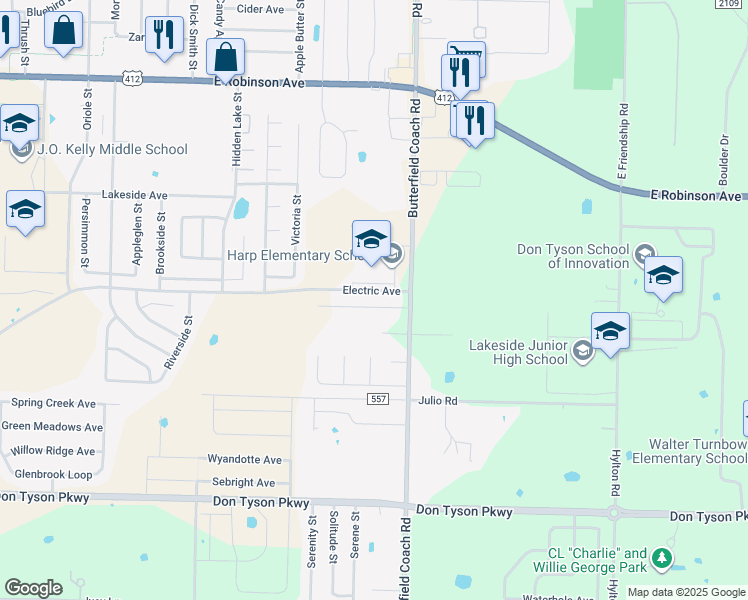 map of restaurants, bars, coffee shops, grocery stores, and more near 3156 Coachlite Lane in Springdale