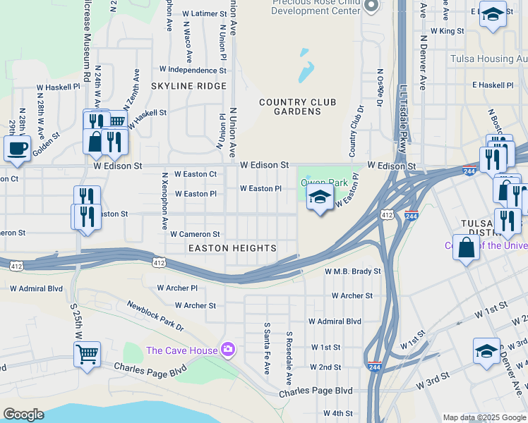 map of restaurants, bars, coffee shops, grocery stores, and more near 503 N Santa Fe Ave in Tulsa