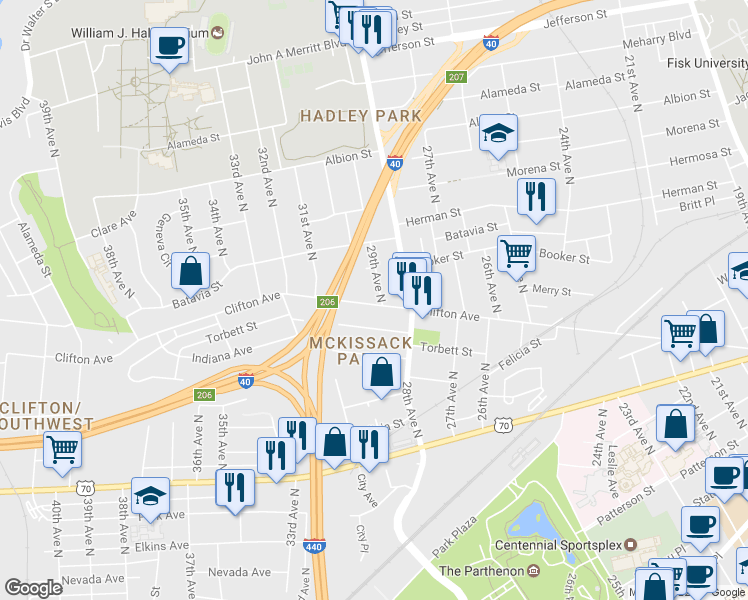 map of restaurants, bars, coffee shops, grocery stores, and more near 701 29th Avenue North in Nashville