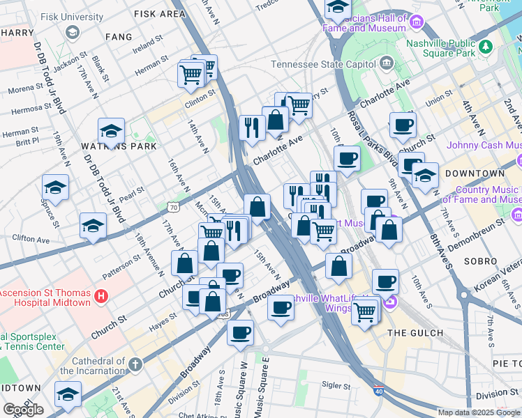 map of restaurants, bars, coffee shops, grocery stores, and more near Interstate 40 in Nashville