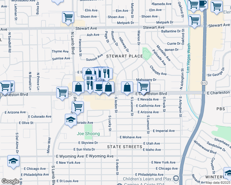 map of restaurants, bars, coffee shops, grocery stores, and more near E Charleston Blvd & Marion Dr in Las Vegas