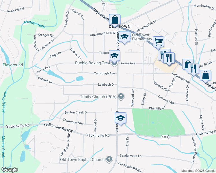 map of restaurants, bars, coffee shops, grocery stores, and more near 3918 Leinbach Drive in Winston-Salem