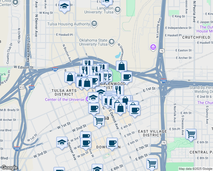 map of restaurants, bars, coffee shops, grocery stores, and more near 110 North Elgin Avenue in Tulsa