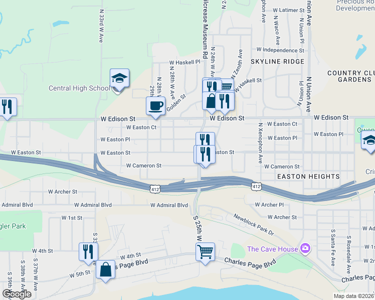 map of restaurants, bars, coffee shops, grocery stores, and more near 2521 West Easton Street in Tulsa