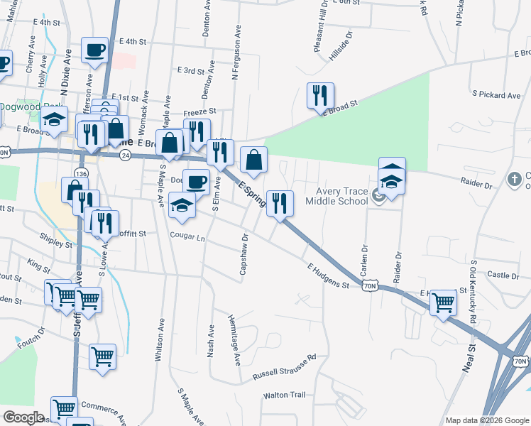 map of restaurants, bars, coffee shops, grocery stores, and more near 20 Elizabeth Avenue in Cookeville