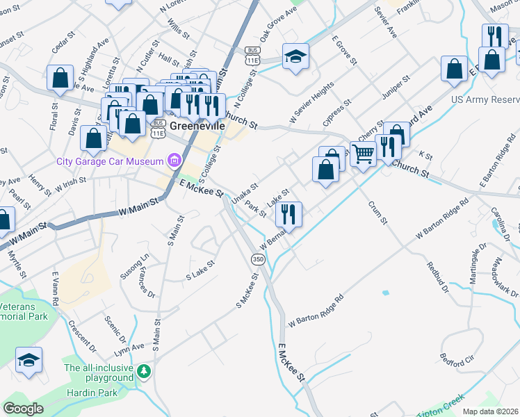 map of restaurants, bars, coffee shops, grocery stores, and more near 315 Park Street in Greeneville