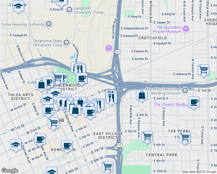 map of restaurants, bars, coffee shops, grocery stores, and more near 823 East 1st Street in Tulsa