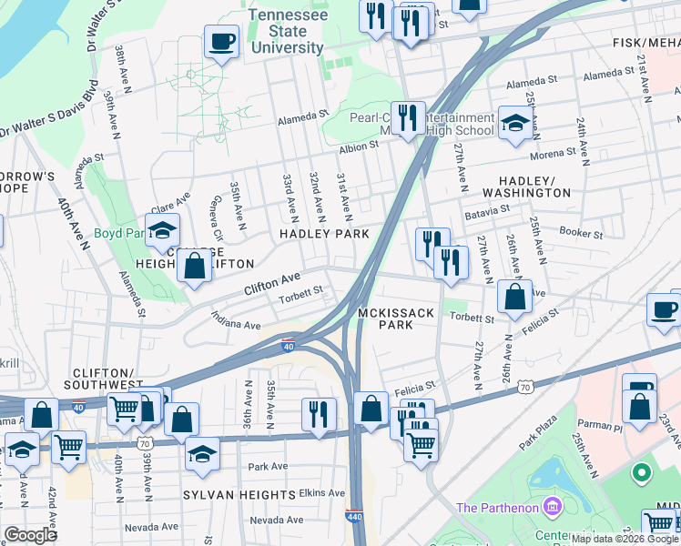map of restaurants, bars, coffee shops, grocery stores, and more near 2905 Clifton Avenue in Nashville