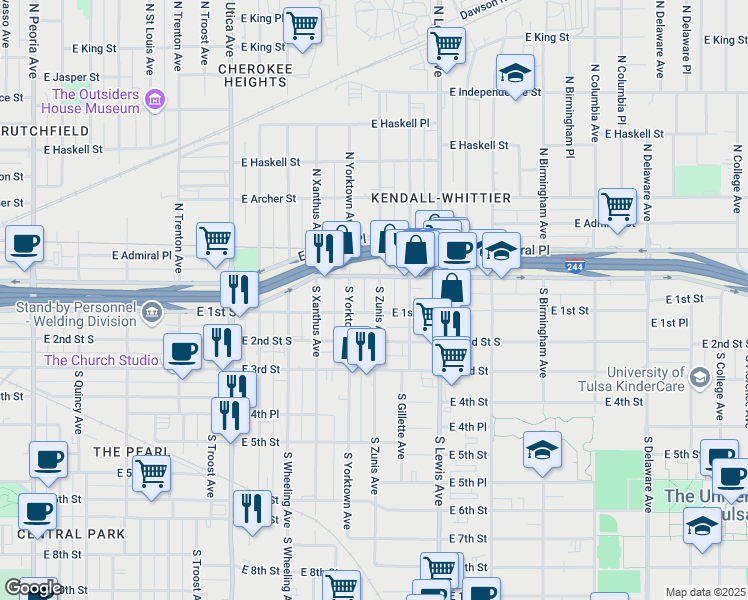 map of restaurants, bars, coffee shops, grocery stores, and more near 22 South Zunis Avenue in Tulsa