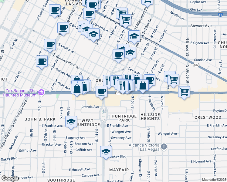 map of restaurants, bars, coffee shops, grocery stores, and more near 1225 East Charleston Boulevard in Las Vegas