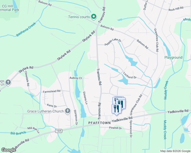 map of restaurants, bars, coffee shops, grocery stores, and more near 3450 Transou Road in Pfafftown