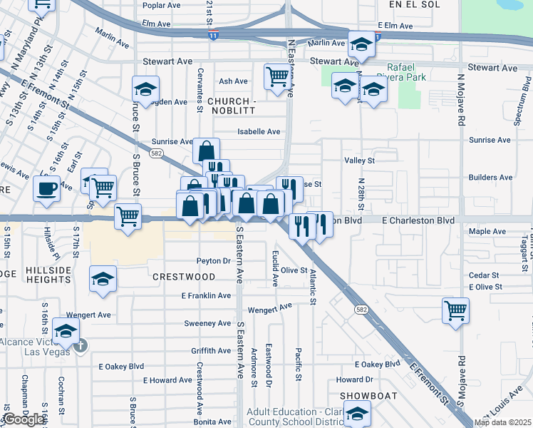 map of restaurants, bars, coffee shops, grocery stores, and more near 2499 East Charleston Boulevard in Las Vegas