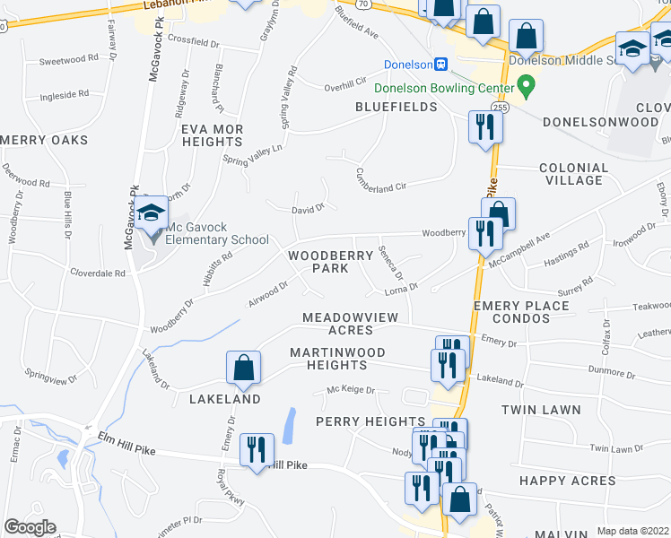 map of restaurants, bars, coffee shops, grocery stores, and more near 2820 Airwood Drive in Nashville