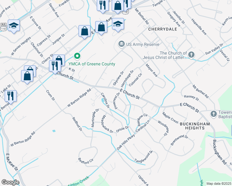 map of restaurants, bars, coffee shops, grocery stores, and more near 102 Pinecrest Drive in Greeneville