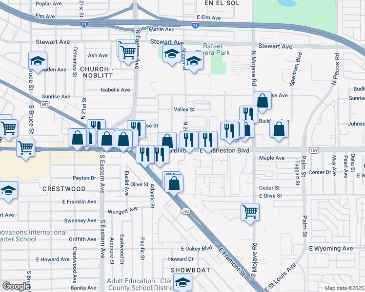 map of restaurants, bars, coffee shops, grocery stores, and more near 2784 East Charleston Boulevard in Las Vegas