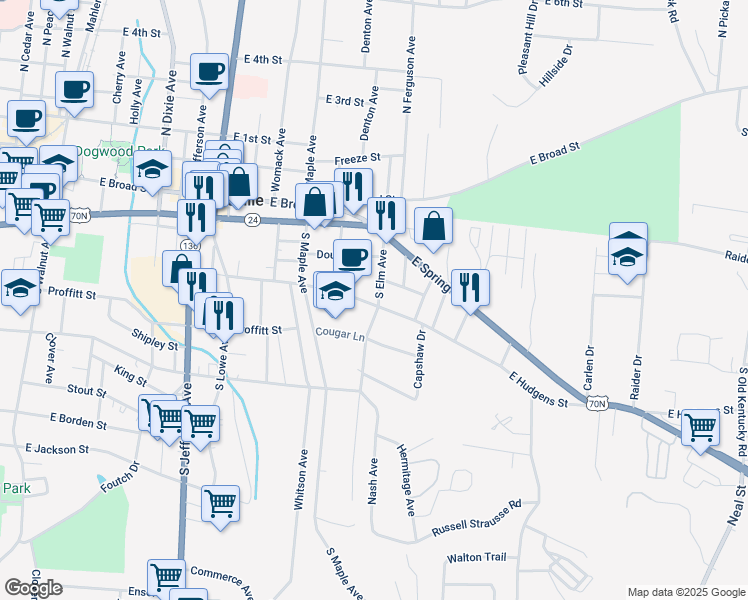map of restaurants, bars, coffee shops, grocery stores, and more near 650 E Hudgens St in Cookeville