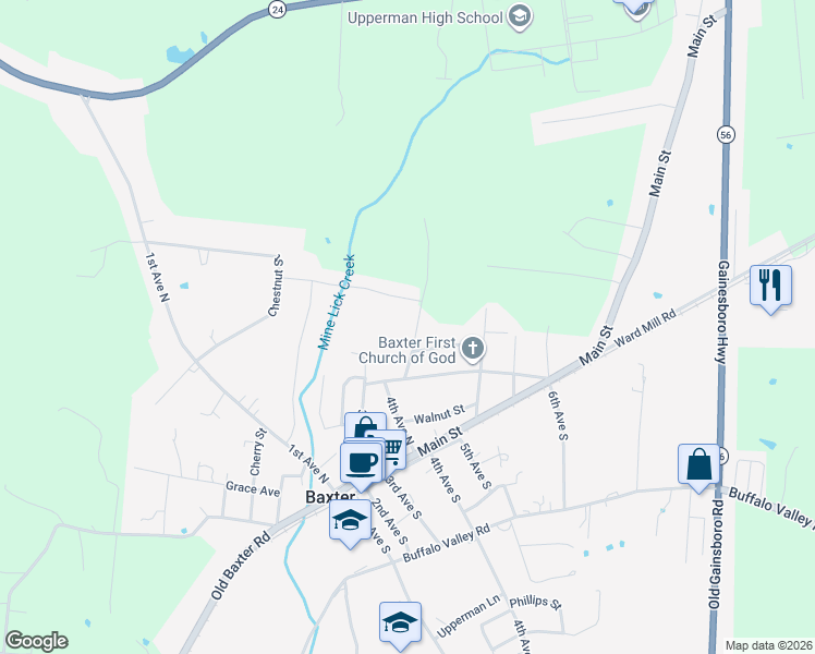 map of restaurants, bars, coffee shops, grocery stores, and more near 322 4th Avenue North in Baxter